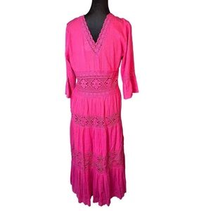 RARE Vintage Neiman Marcus Hot Pink Crochet Tiered Maxi Dress Small